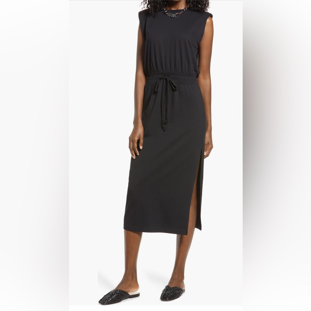 Black Sleeveless Shoulder Pad Midi Dress- XXS